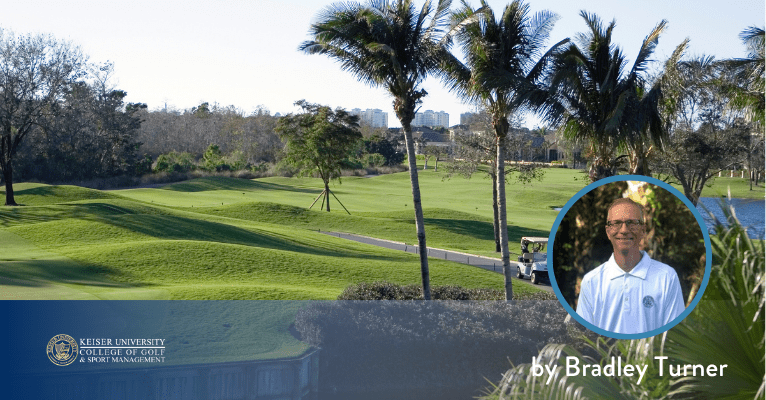 Palm-lined golf course with cart path, featuring Bradley Turner from Keiser University College of Golf.