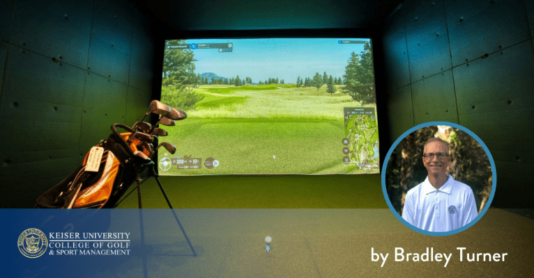 Indoor golf simulator setup with virtual fairway, featuring Bradley Turner from Keiser University College of Golf.