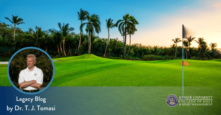 Golf green with palm trees at sunset, featuring Dr. T.J. Tomasi from Keiser University College of Golf.