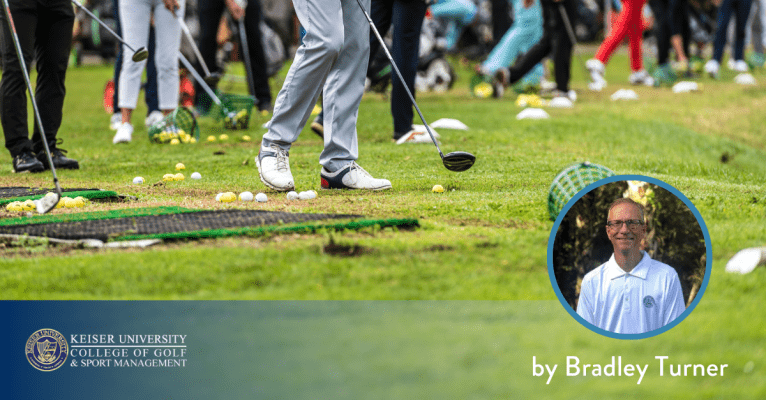 Golfers practicing at a driving range with balls and clubs, featuring Bradley Turner from Keiser University College of Golf.
