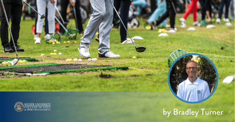 Golfers on practice range with various golf shoes, hitting balls off mats and turf.