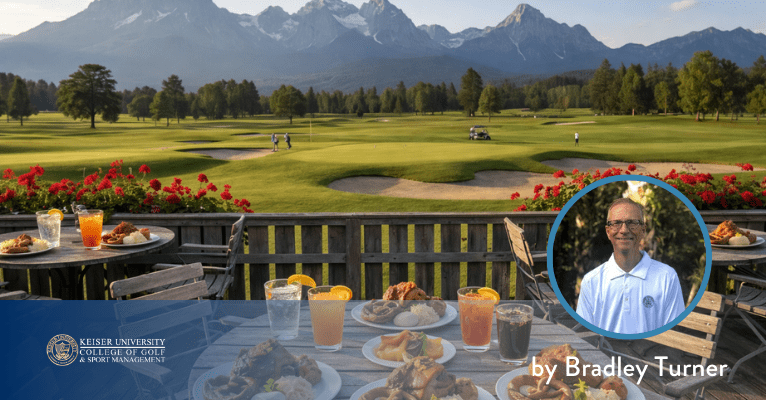 Golf course patio with food and drinks on tables, facing fairways and mountain views.