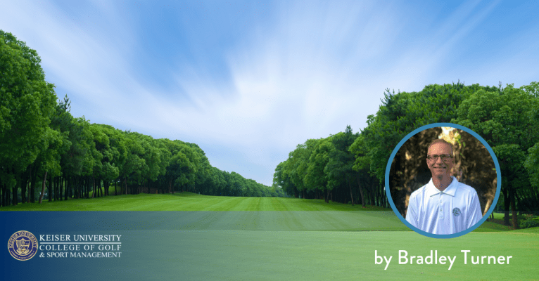 Tree-lined golf fairway under a bright sky, featuring Bradley Turner from Keiser University College of Golf.