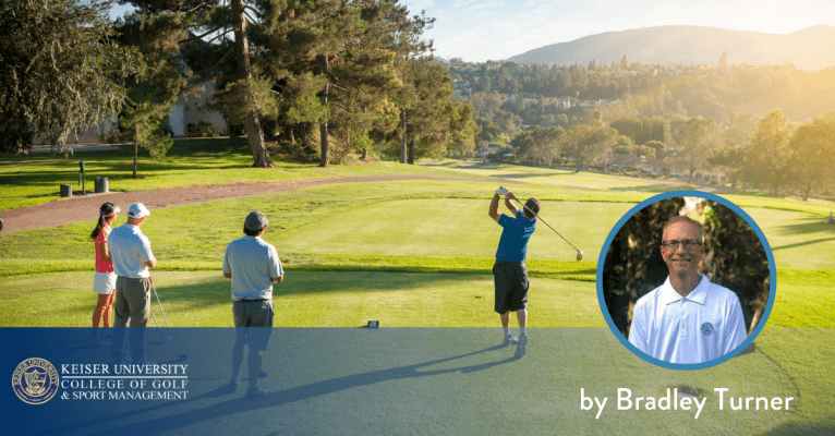 Golfers teeing off on a calm course at sunset, featuring Bradley Turner from Keiser University College of Golf.