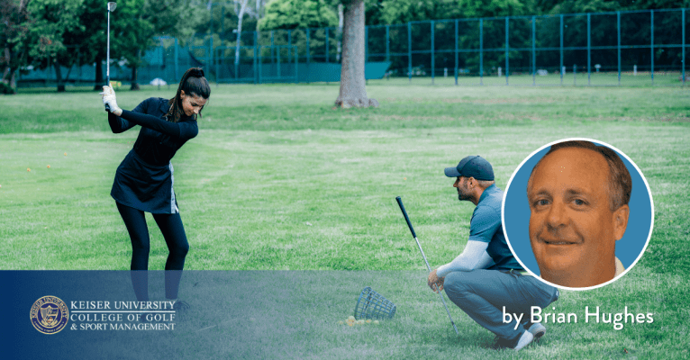 Golf coach teaching a female golfer on the range, with an inset photo of Brian Hughes from Keiser University College of Golf.