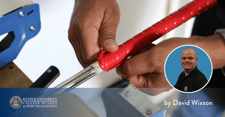 A professional regripping a golf club with a new grip. 