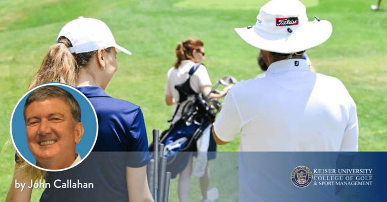 Golfers walking on a sunny course with clubs, featuring John Callahan from Keiser University College of Golf.