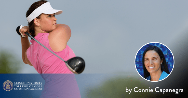 Female golfer finishing a swing, featuring Connie Capanegra from Keiser University College of Golf.