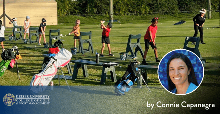 Kids practicing golf at a driving range, featuring Connie Capanegra from Keiser University College of Golf.
