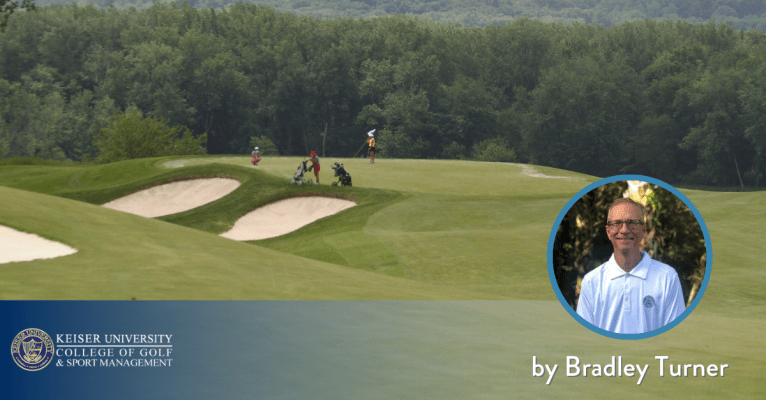 Golfers on a green near sand bunkers and trees, featuring Bradley Turner from Keiser University College of Golf.