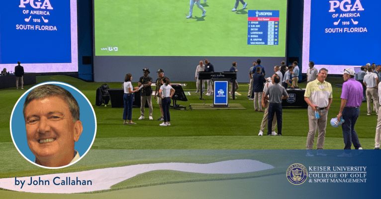 Golf professionals at indoor PGA South Florida event, featuring John Callahan from Keiser University College of Golf.