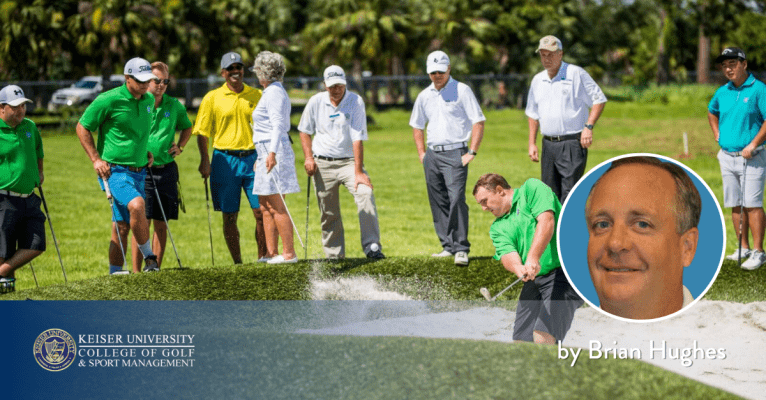 Golfers observing a bunker shot on course, featuring Brian Hughes from Keiser University College of Golf.