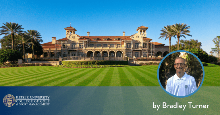 Golf clubhouse with palm trees and trimmed fairway, featuring Bradley Turner from Keiser University College of Golf.