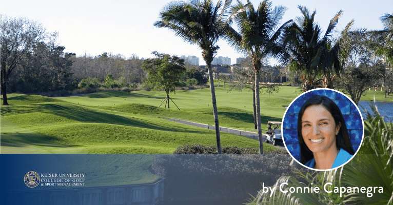 Scenic golf course with palm trees and a golf cart path, featuring author Connie Capanegra from Keiser University College of Golf.