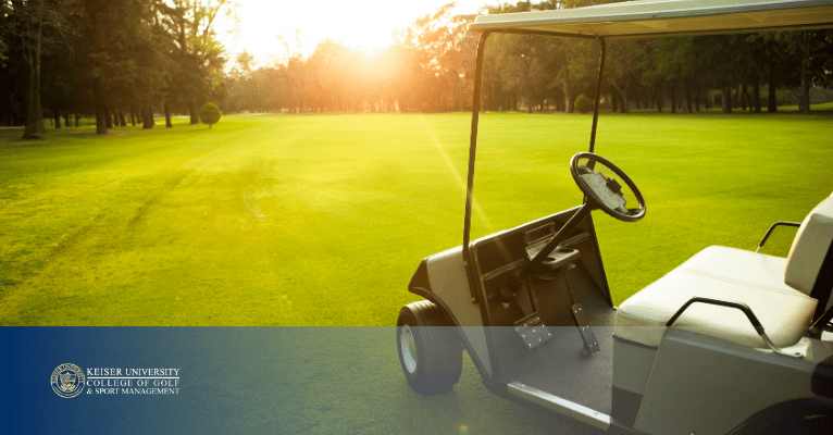 Golf cart on fairway at sunset with trees in background.
