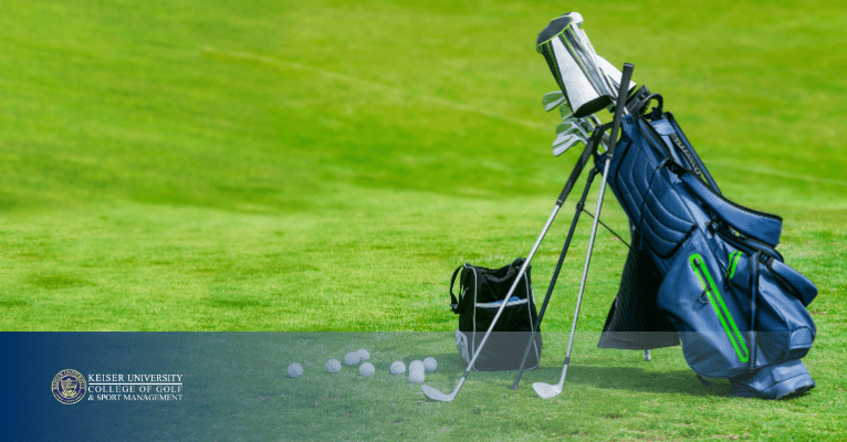 Organized golf bag with clubs and practice balls on grass at a driving range.